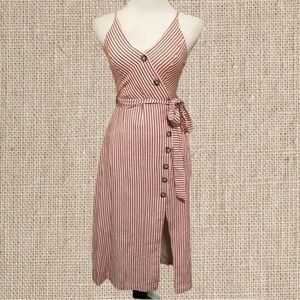 Red striped button down midi dress
